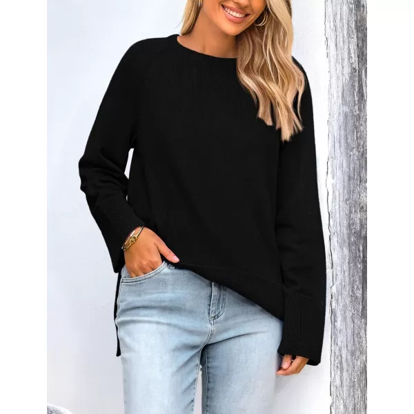 imagePRETTYGARDEN Womens Fall Knit Sweaters Long Sleeve Pullover Crewneck Split Hem Loose Oversized Tunic Sweater TopBlack