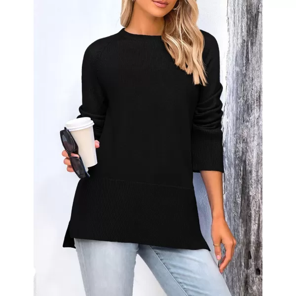 imagePRETTYGARDEN Womens Fall Knit Sweaters Long Sleeve Pullover Crewneck Split Hem Loose Oversized Tunic Sweater TopBlack