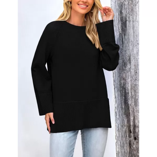 imagePRETTYGARDEN Womens Fall Knit Sweaters Long Sleeve Pullover Crewneck Split Hem Loose Oversized Tunic Sweater TopBlack