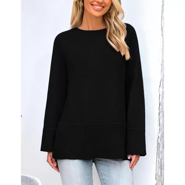 imagePRETTYGARDEN Womens Fall Knit Sweaters Long Sleeve Pullover Crewneck Split Hem Loose Oversized Tunic Sweater TopBlack