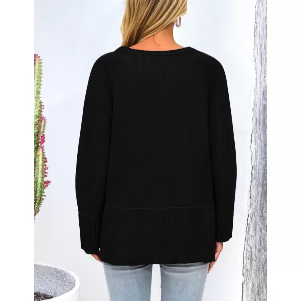 imagePRETTYGARDEN Womens Fall Knit Sweaters Long Sleeve Pullover Crewneck Split Hem Loose Oversized Tunic Sweater TopBlack