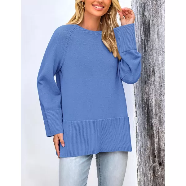 imagePRETTYGARDEN Womens Fall Knit Sweaters Long Sleeve Pullover Crewneck Split Hem Loose Oversized Tunic Sweater TopBlue