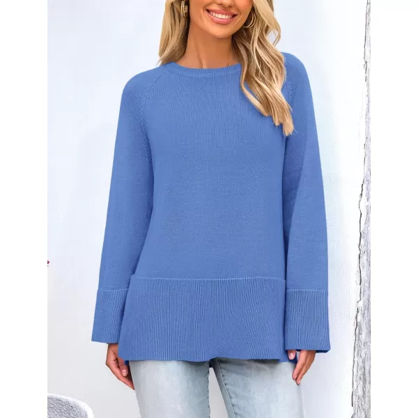 imagePRETTYGARDEN Womens Fall Knit Sweaters Long Sleeve Pullover Crewneck Split Hem Loose Oversized Tunic Sweater TopBlue