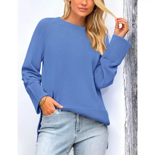 imagePRETTYGARDEN Womens Fall Knit Sweaters Long Sleeve Pullover Crewneck Split Hem Loose Oversized Tunic Sweater TopBlue