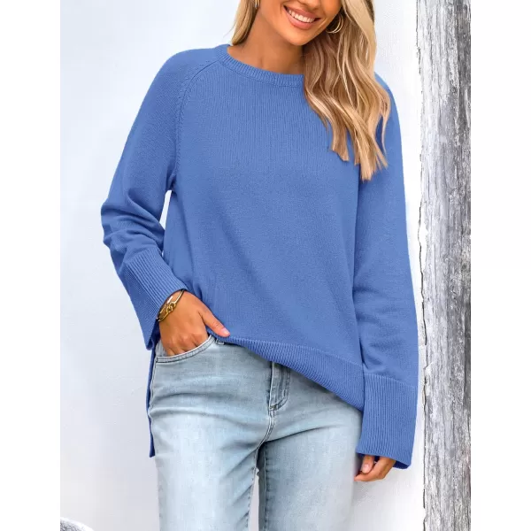 imagePRETTYGARDEN Womens Fall Knit Sweaters Long Sleeve Pullover Crewneck Split Hem Loose Oversized Tunic Sweater TopBlue
