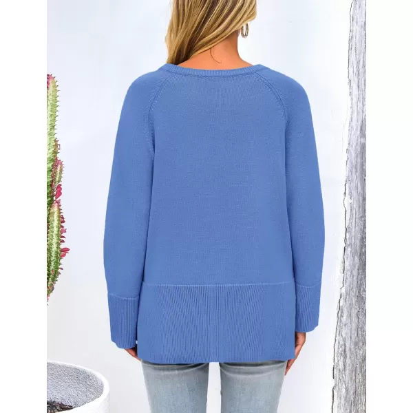 imagePRETTYGARDEN Womens Fall Knit Sweaters Long Sleeve Pullover Crewneck Split Hem Loose Oversized Tunic Sweater TopBlue