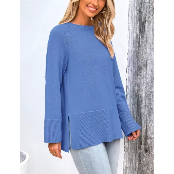 imagePRETTYGARDEN Womens Fall Knit Sweaters Long Sleeve Pullover Crewneck Split Hem Loose Oversized Tunic Sweater TopBlue