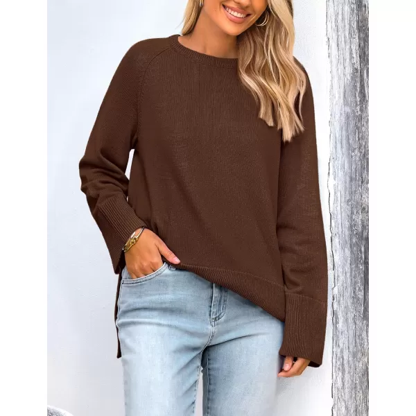 imagePRETTYGARDEN Womens Fall Knit Sweaters Long Sleeve Pullover Crewneck Split Hem Loose Oversized Tunic Sweater TopCoffee