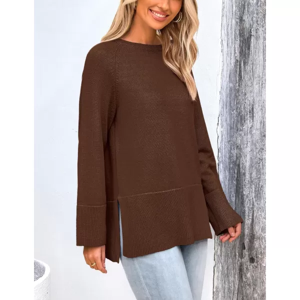 imagePRETTYGARDEN Womens Fall Knit Sweaters Long Sleeve Pullover Crewneck Split Hem Loose Oversized Tunic Sweater TopCoffee