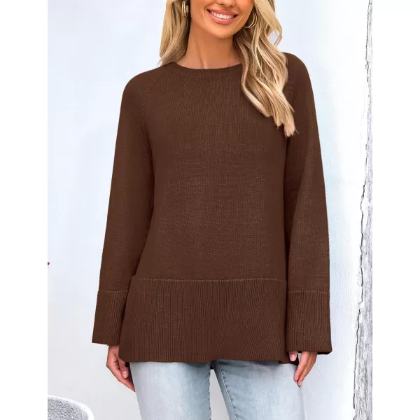 imagePRETTYGARDEN Womens Fall Knit Sweaters Long Sleeve Pullover Crewneck Split Hem Loose Oversized Tunic Sweater TopCoffee