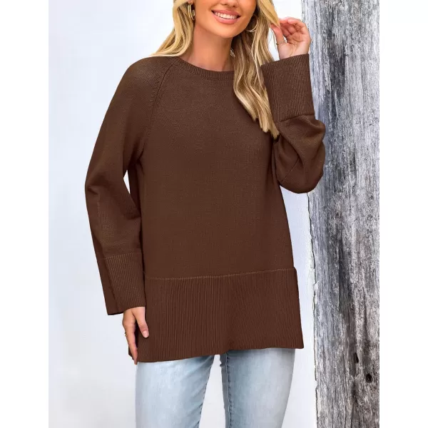 imagePRETTYGARDEN Womens Fall Knit Sweaters Long Sleeve Pullover Crewneck Split Hem Loose Oversized Tunic Sweater TopCoffee