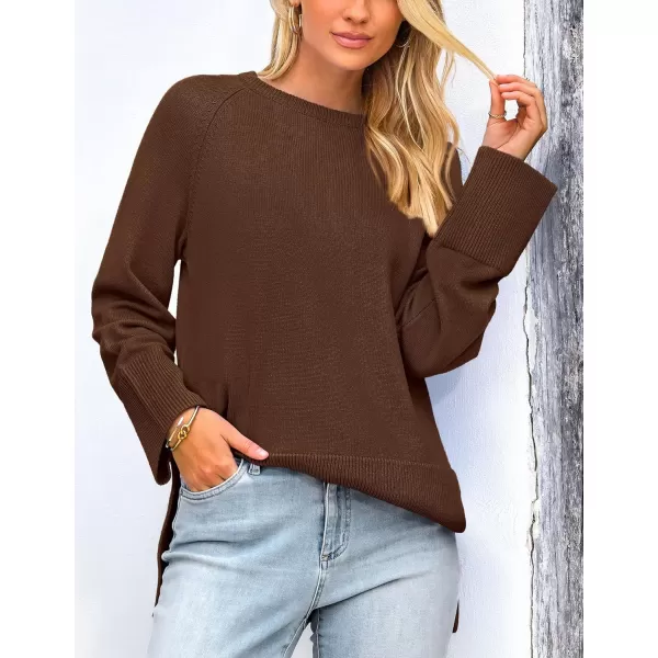imagePRETTYGARDEN Womens Fall Knit Sweaters Long Sleeve Pullover Crewneck Split Hem Loose Oversized Tunic Sweater TopCoffee