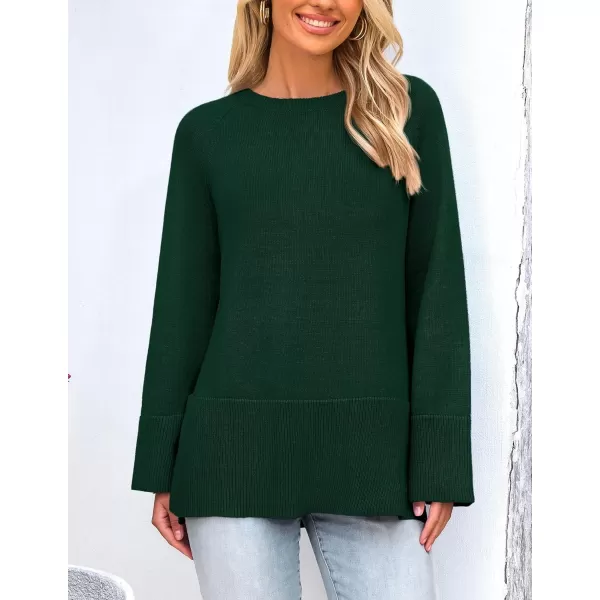 imagePRETTYGARDEN Womens Fall Knit Sweaters Long Sleeve Pullover Crewneck Split Hem Loose Oversized Tunic Sweater TopDark Green