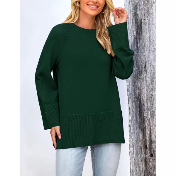 imagePRETTYGARDEN Womens Fall Knit Sweaters Long Sleeve Pullover Crewneck Split Hem Loose Oversized Tunic Sweater TopDark Green