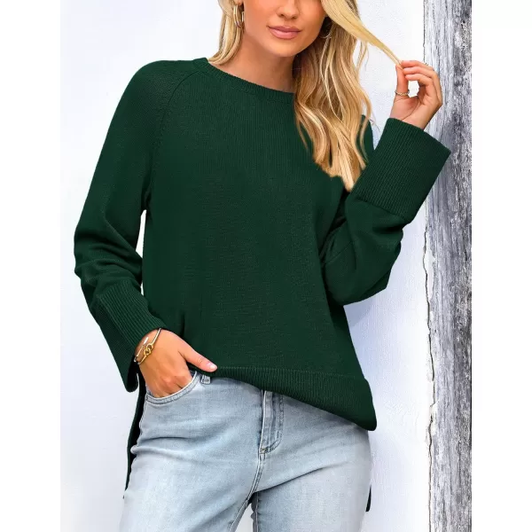 imagePRETTYGARDEN Womens Fall Knit Sweaters Long Sleeve Pullover Crewneck Split Hem Loose Oversized Tunic Sweater TopDark Green