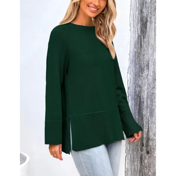 imagePRETTYGARDEN Womens Fall Knit Sweaters Long Sleeve Pullover Crewneck Split Hem Loose Oversized Tunic Sweater TopDark Green