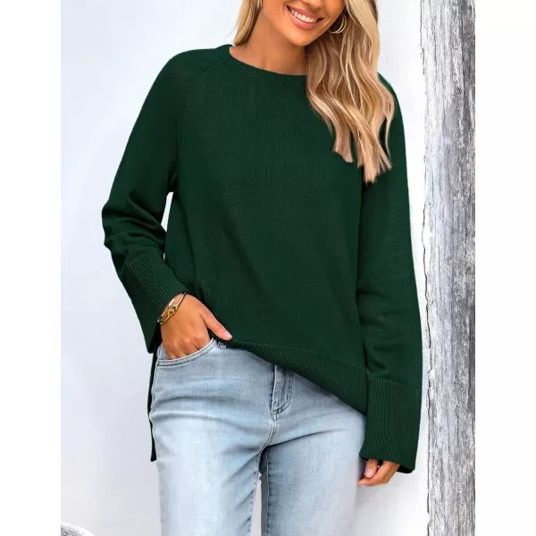 imagePRETTYGARDEN Womens Fall Knit Sweaters Long Sleeve Pullover Crewneck Split Hem Loose Oversized Tunic Sweater TopDark Green
