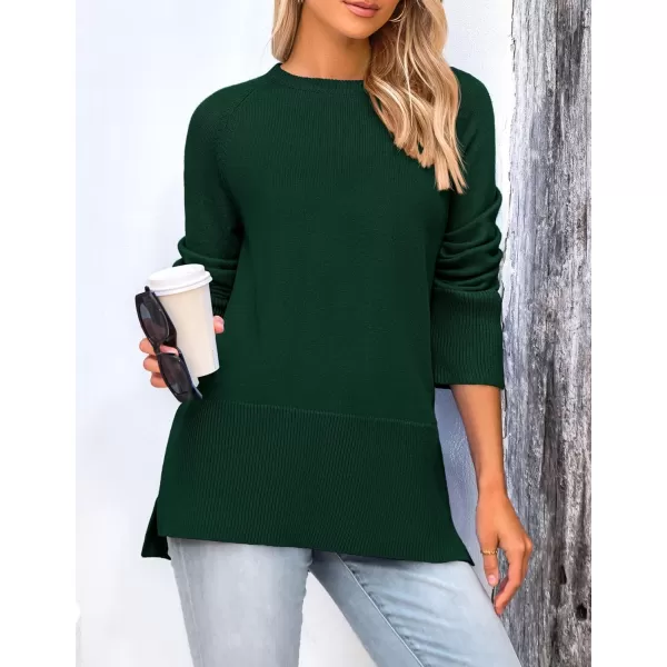imagePRETTYGARDEN Womens Fall Knit Sweaters Long Sleeve Pullover Crewneck Split Hem Loose Oversized Tunic Sweater TopDark Green