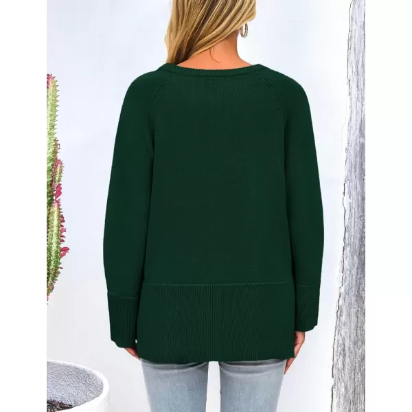 imagePRETTYGARDEN Womens Fall Knit Sweaters Long Sleeve Pullover Crewneck Split Hem Loose Oversized Tunic Sweater TopDark Green