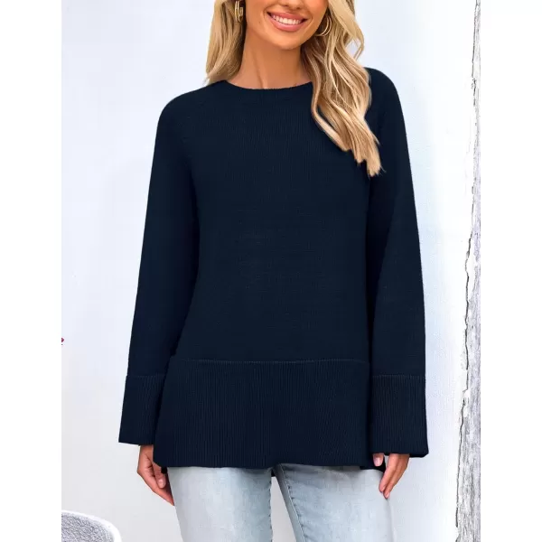 imagePRETTYGARDEN Womens Fall Knit Sweaters Long Sleeve Pullover Crewneck Split Hem Loose Oversized Tunic Sweater TopNavy
