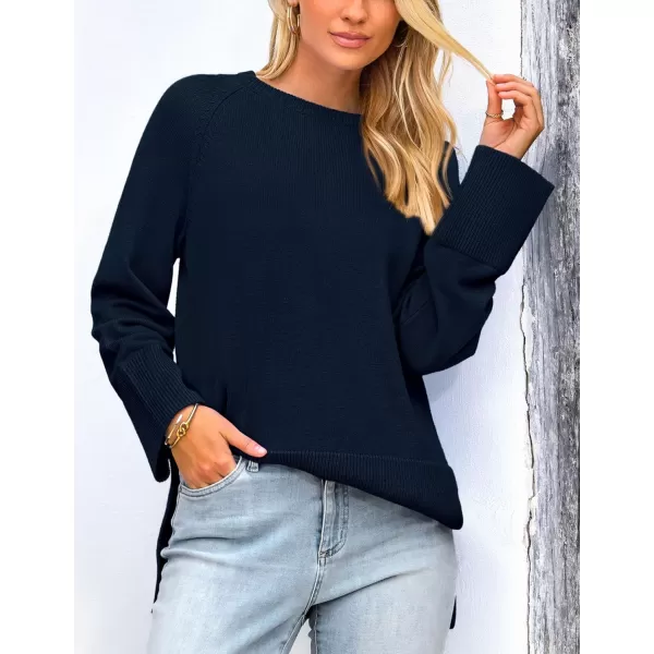 imagePRETTYGARDEN Womens Fall Knit Sweaters Long Sleeve Pullover Crewneck Split Hem Loose Oversized Tunic Sweater TopNavy