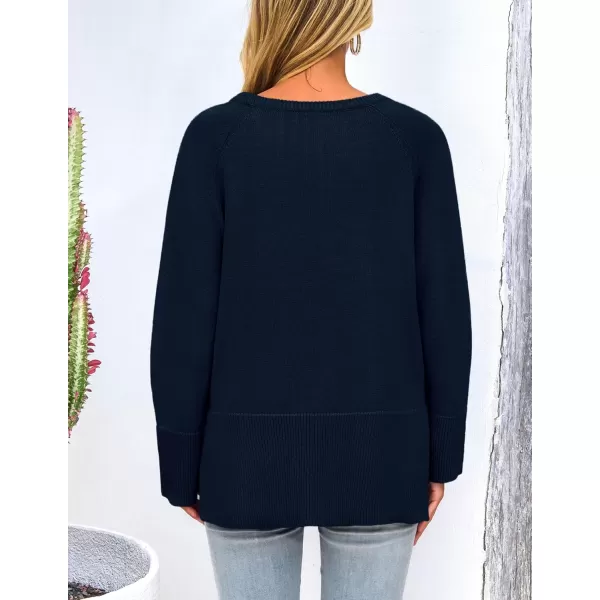imagePRETTYGARDEN Womens Fall Knit Sweaters Long Sleeve Pullover Crewneck Split Hem Loose Oversized Tunic Sweater TopNavy