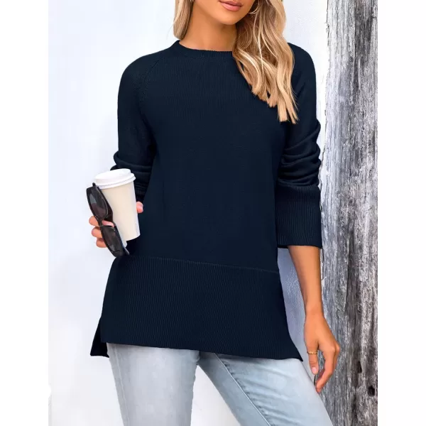 imagePRETTYGARDEN Womens Fall Knit Sweaters Long Sleeve Pullover Crewneck Split Hem Loose Oversized Tunic Sweater TopNavy