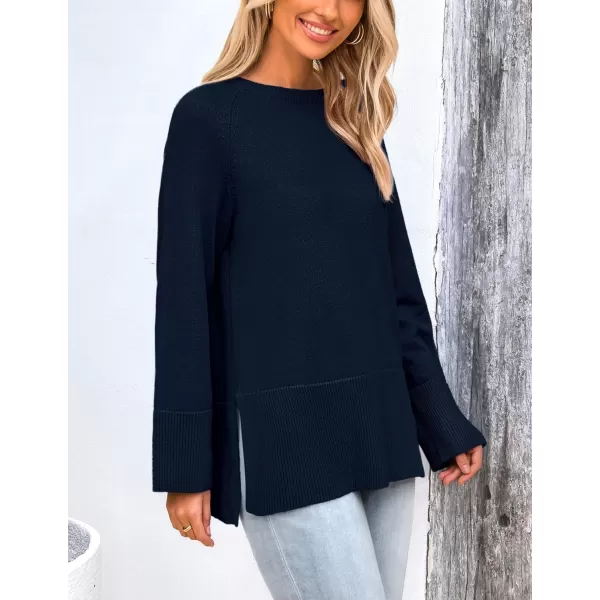 imagePRETTYGARDEN Womens Fall Knit Sweaters Long Sleeve Pullover Crewneck Split Hem Loose Oversized Tunic Sweater TopNavy