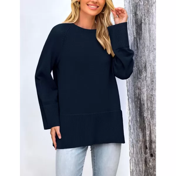imagePRETTYGARDEN Womens Fall Knit Sweaters Long Sleeve Pullover Crewneck Split Hem Loose Oversized Tunic Sweater TopNavy