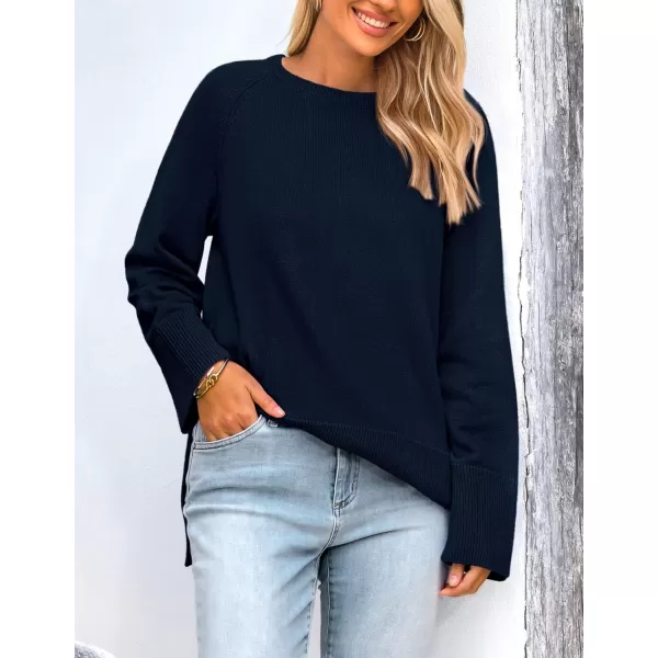 imagePRETTYGARDEN Womens Fall Knit Sweaters Long Sleeve Pullover Crewneck Split Hem Loose Oversized Tunic Sweater TopNavy
