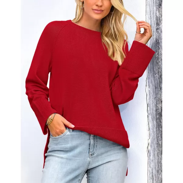 imagePRETTYGARDEN Womens Fall Knit Sweaters Long Sleeve Pullover Crewneck Split Hem Loose Oversized Tunic Sweater TopRed