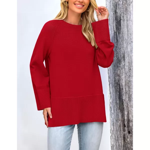 imagePRETTYGARDEN Womens Fall Knit Sweaters Long Sleeve Pullover Crewneck Split Hem Loose Oversized Tunic Sweater TopRed
