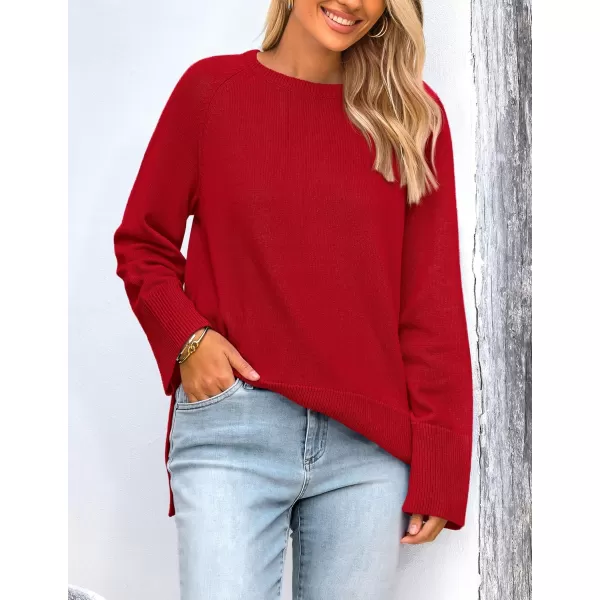 imagePRETTYGARDEN Womens Fall Knit Sweaters Long Sleeve Pullover Crewneck Split Hem Loose Oversized Tunic Sweater TopRed