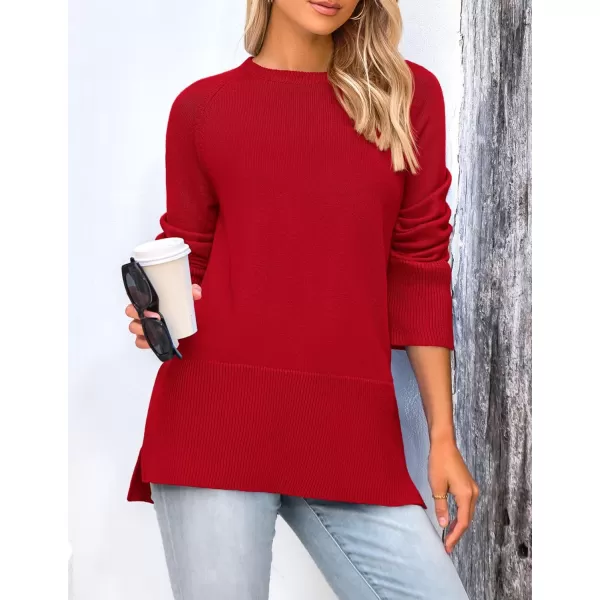 imagePRETTYGARDEN Womens Fall Knit Sweaters Long Sleeve Pullover Crewneck Split Hem Loose Oversized Tunic Sweater TopRed