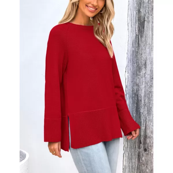 imagePRETTYGARDEN Womens Fall Knit Sweaters Long Sleeve Pullover Crewneck Split Hem Loose Oversized Tunic Sweater TopRed