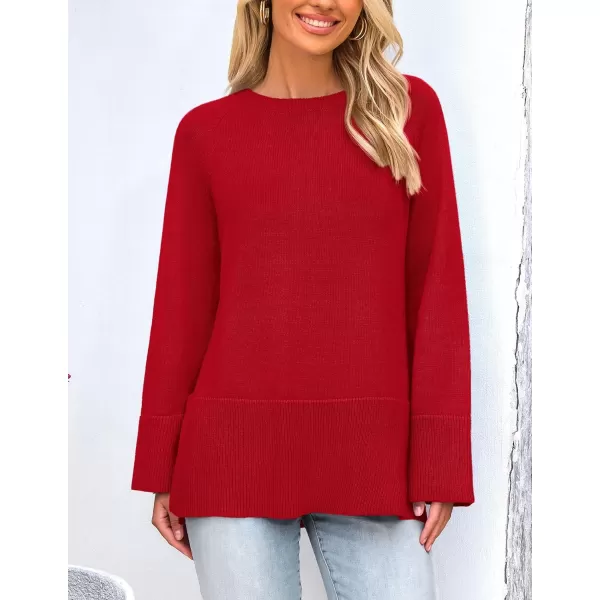 imagePRETTYGARDEN Womens Fall Knit Sweaters Long Sleeve Pullover Crewneck Split Hem Loose Oversized Tunic Sweater TopRed
