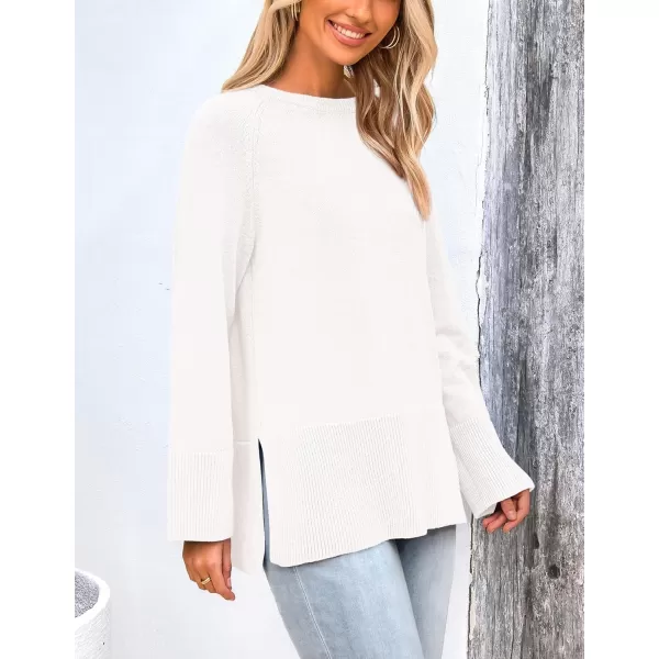 imagePRETTYGARDEN Womens Fall Knit Sweaters Long Sleeve Pullover Crewneck Split Hem Loose Oversized Tunic Sweater TopWhite