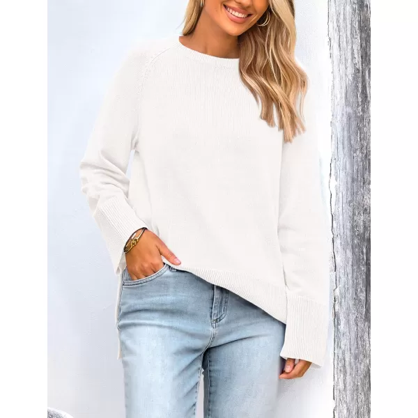 imagePRETTYGARDEN Womens Fall Knit Sweaters Long Sleeve Pullover Crewneck Split Hem Loose Oversized Tunic Sweater TopWhite