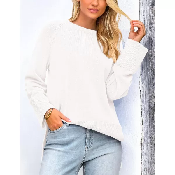 imagePRETTYGARDEN Womens Fall Knit Sweaters Long Sleeve Pullover Crewneck Split Hem Loose Oversized Tunic Sweater TopWhite