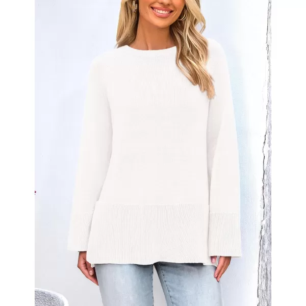 imagePRETTYGARDEN Womens Fall Knit Sweaters Long Sleeve Pullover Crewneck Split Hem Loose Oversized Tunic Sweater TopWhite