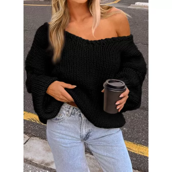 imagePRETTYGARDEN Womens Fall Sweaters 2024 Chunky Loose Long Sleeve V Neck Oversized Dressy Casual Knit Pullover TopsBlack
