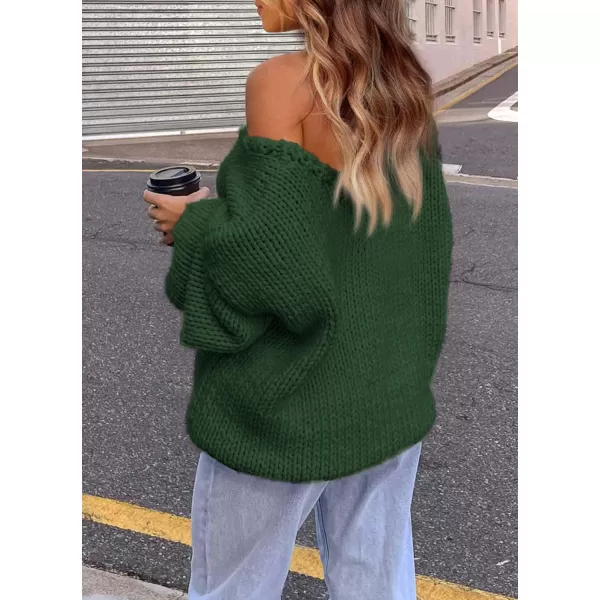 imagePRETTYGARDEN Womens Fall Sweaters 2024 Chunky Loose Long Sleeve V Neck Oversized Dressy Casual Knit Pullover TopsDark Green