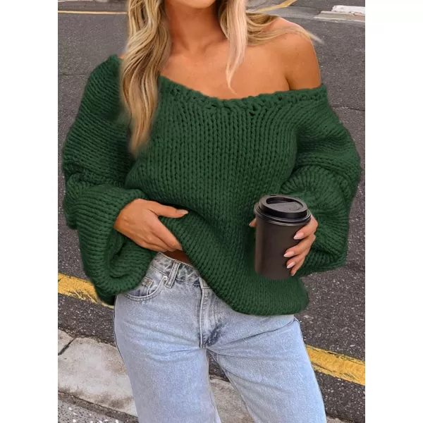 imagePRETTYGARDEN Womens Fall Sweaters 2024 Chunky Loose Long Sleeve V Neck Oversized Dressy Casual Knit Pullover TopsDark Green