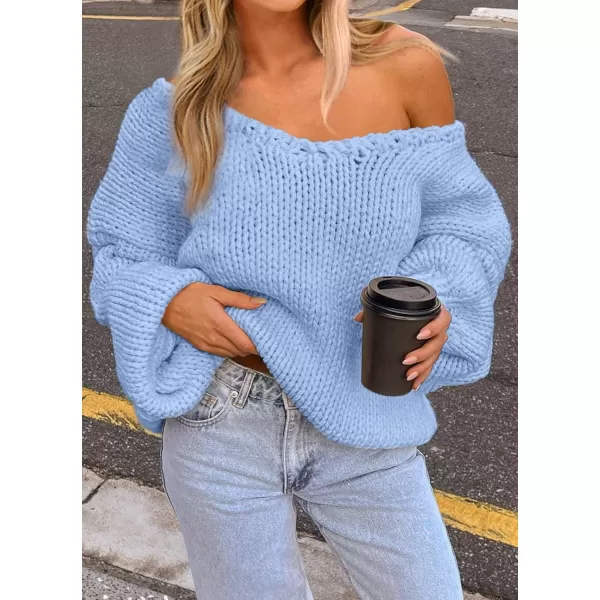 imagePRETTYGARDEN Womens Fall Sweaters 2024 Chunky Loose Long Sleeve V Neck Oversized Dressy Casual Knit Pullover TopsLight Blue