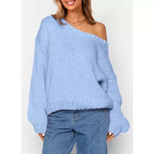 imagePRETTYGARDEN Womens Fall Sweaters 2024 Chunky Loose Long Sleeve V Neck Oversized Dressy Casual Knit Pullover TopsLight Blue