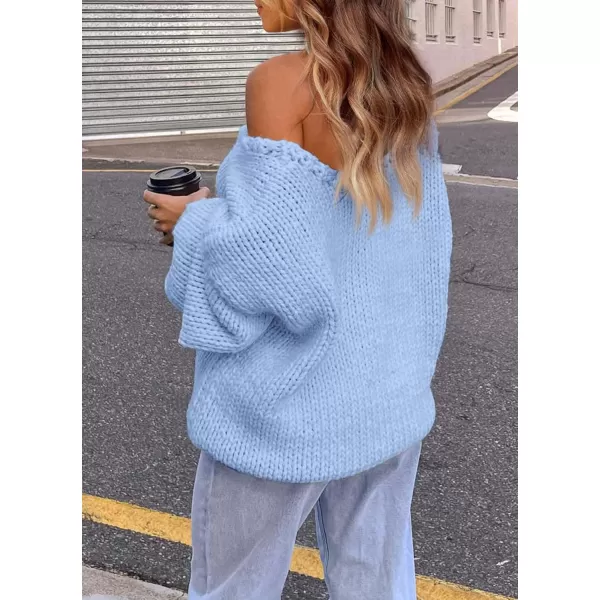imagePRETTYGARDEN Womens Fall Sweaters 2024 Chunky Loose Long Sleeve V Neck Oversized Dressy Casual Knit Pullover TopsLight Blue