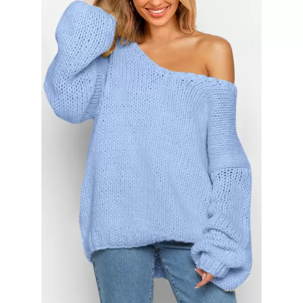 imagePRETTYGARDEN Womens Fall Sweaters 2024 Chunky Loose Long Sleeve V Neck Oversized Dressy Casual Knit Pullover TopsLight Blue