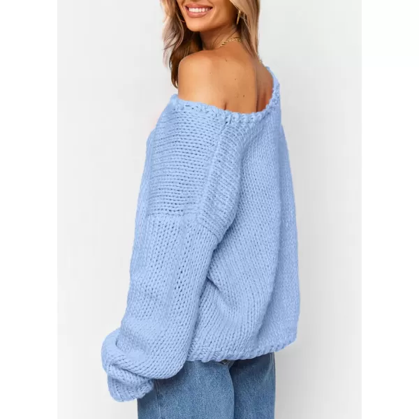 imagePRETTYGARDEN Womens Fall Sweaters 2024 Chunky Loose Long Sleeve V Neck Oversized Dressy Casual Knit Pullover TopsLight Blue
