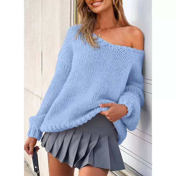 imagePRETTYGARDEN Womens Fall Sweaters 2024 Chunky Loose Long Sleeve V Neck Oversized Dressy Casual Knit Pullover TopsLight Blue