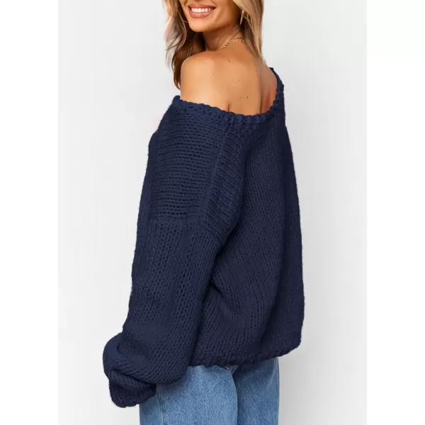 imagePRETTYGARDEN Womens Fall Sweaters 2024 Chunky Loose Long Sleeve V Neck Oversized Dressy Casual Knit Pullover TopsNavy